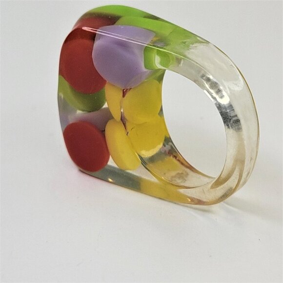 Lucite Resin Ring Multicolor Beads Clear See Through Rectangular Ring - Picture 2 of 8